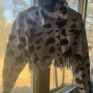 Cropped Cow Print Denim Jacket new with tags. could fit M-L